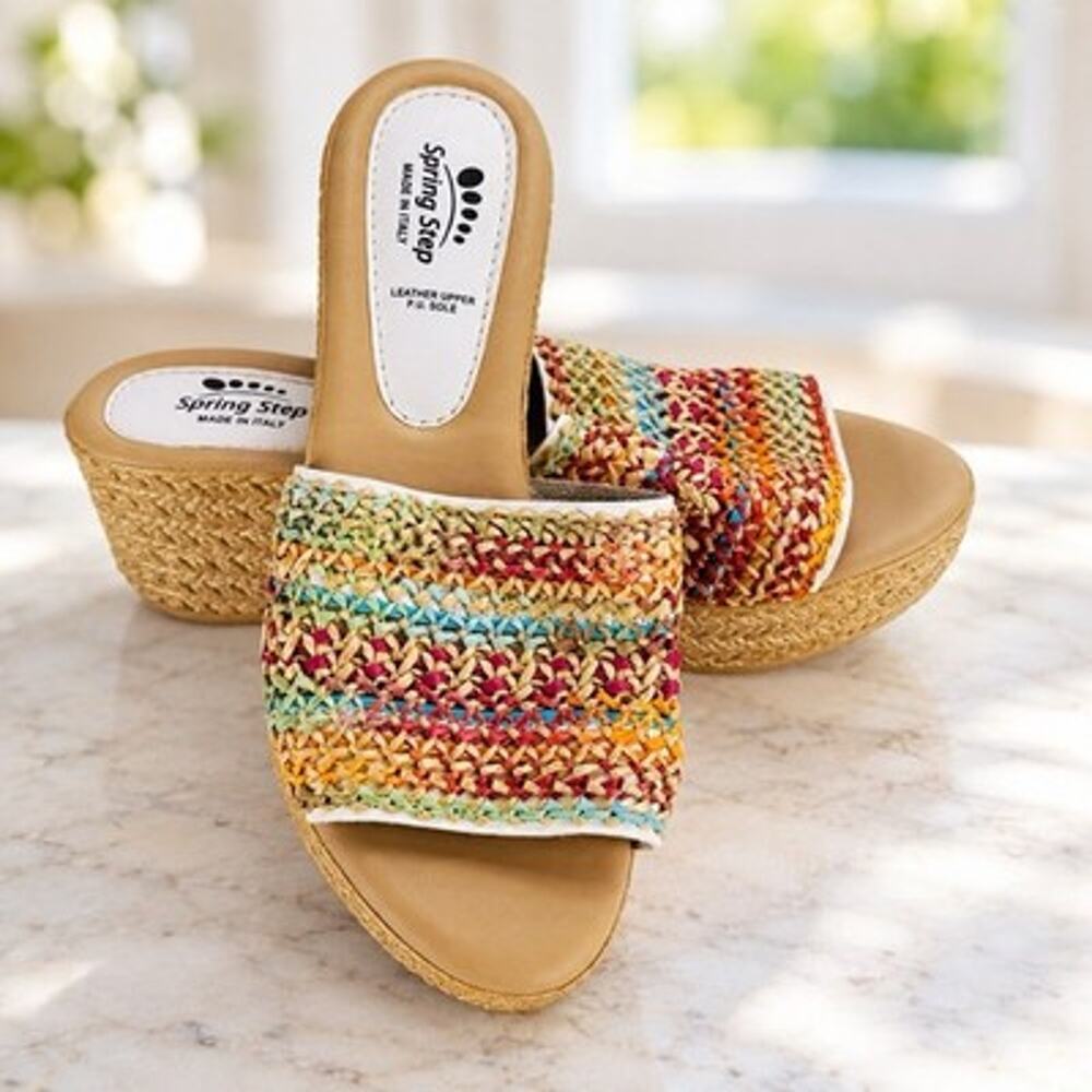 Spring Step Women’s 8.5 EU 39 Multicolor Woven Wedge Slide Sandals Italy